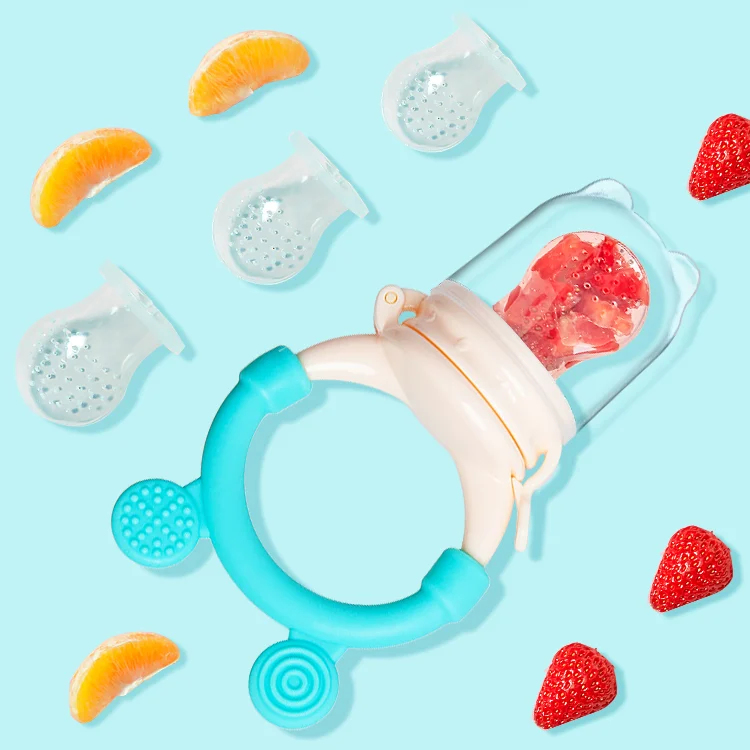 Silicone teether food feeder with anti-dust cover removed, showing internal pouch
