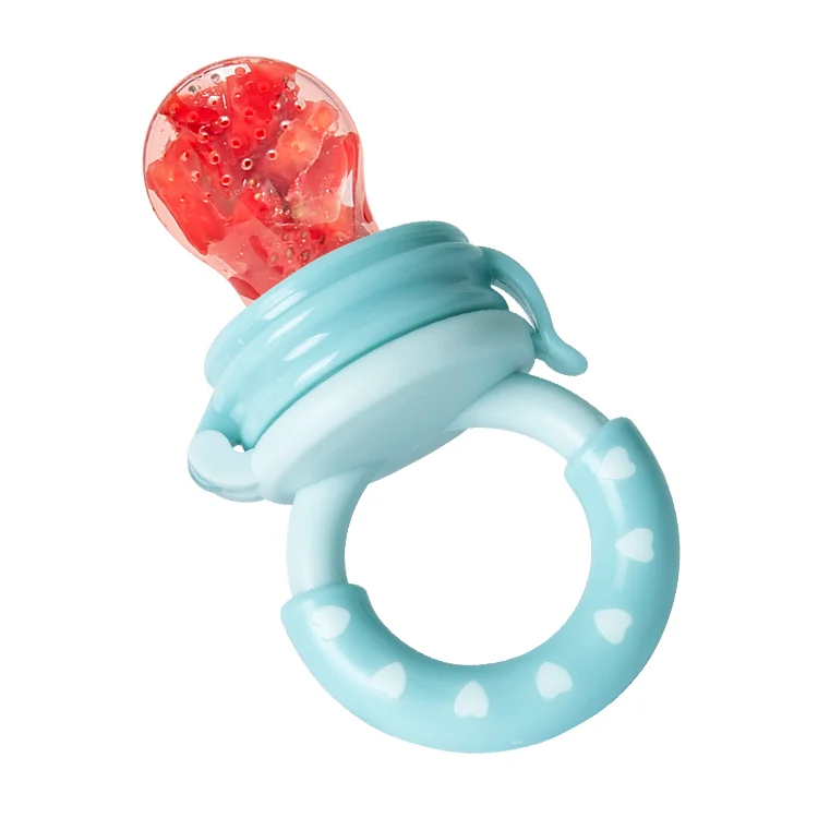 Silicone baby food feeder pacifier in three sizes (S, M, L) laid out on a white surface