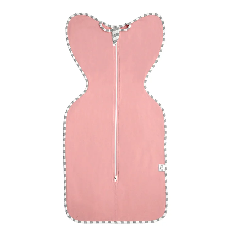 Pink 2-way zipper baby sleep sack with arms up, standing upright
