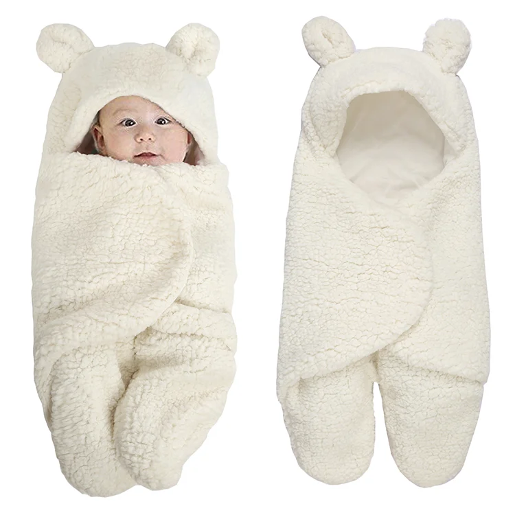 Fleece infant bear hooded sleeping bag in light grey, standing upright