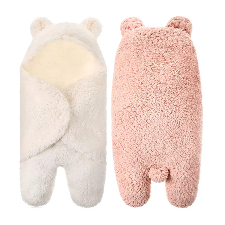 Fleece infant bear hooded sleeping bag in cream, front view with hood up