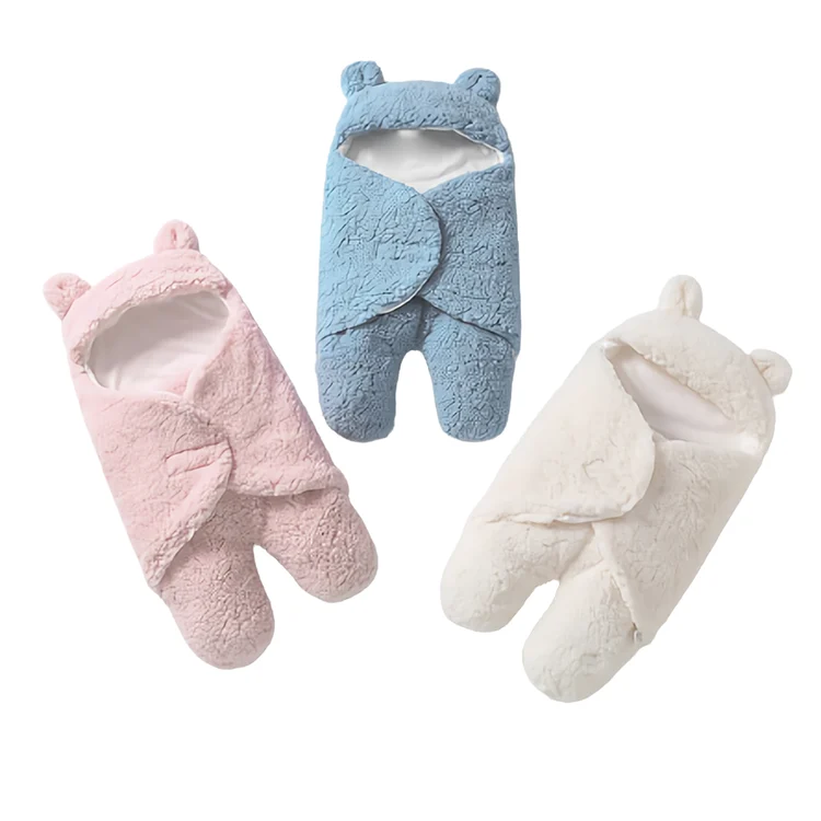 Fleece infant bear hooded sleeping bag in beige, side profile showing Velcro closure