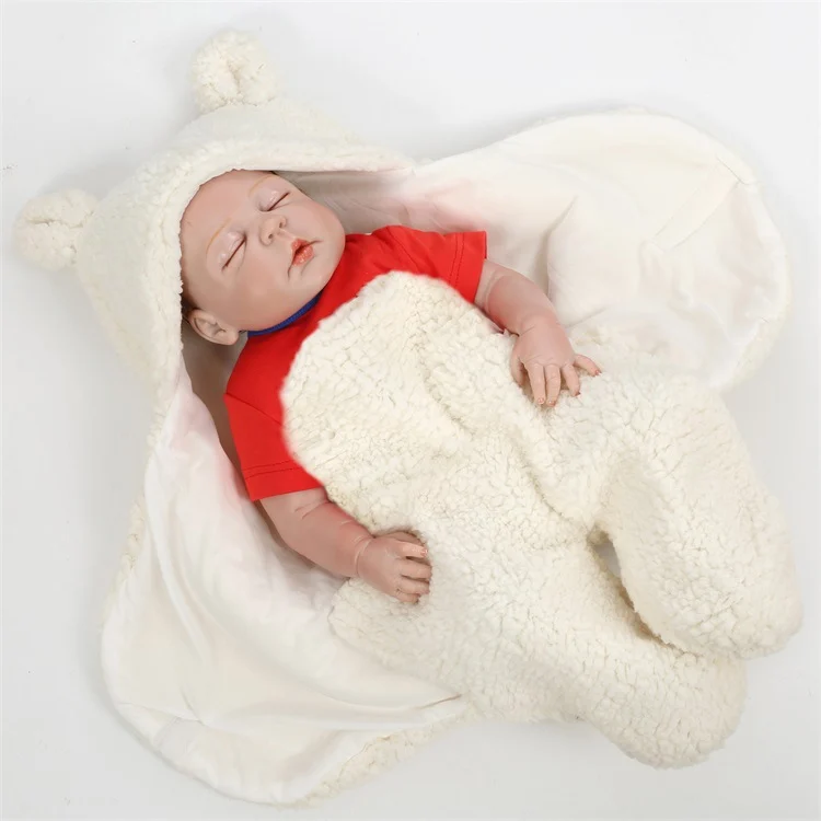 Fleece infant bear hooded sleeping bag in light grey, detailed view of Velcro closure