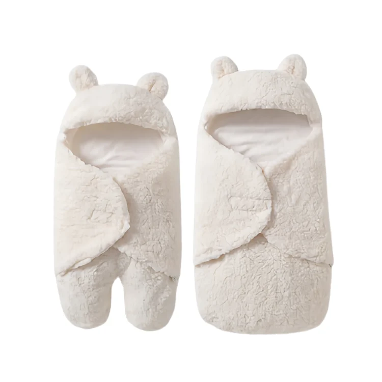 Fleece infant bear hooded sleeping bag in light grey, hood down, showing fabric texture