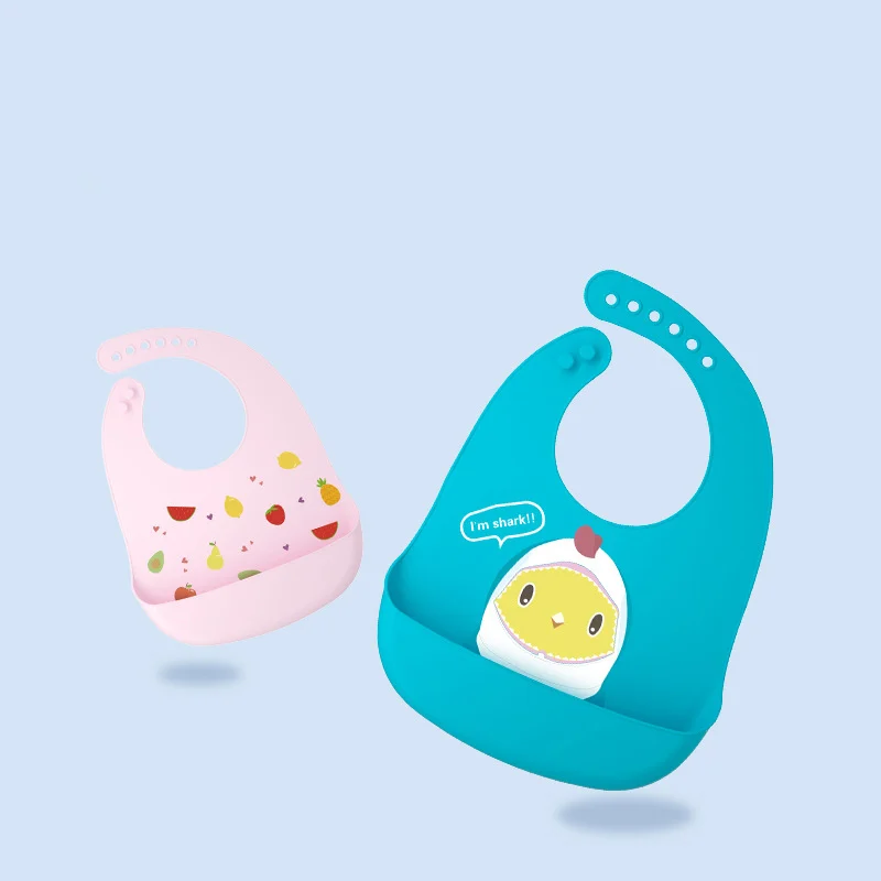 Pink silicone baby bib with 6-level adjustable strap and built-in pouch