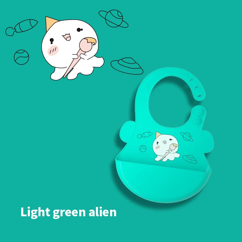 Blue silicone baby bib with strap adjusted to medium size