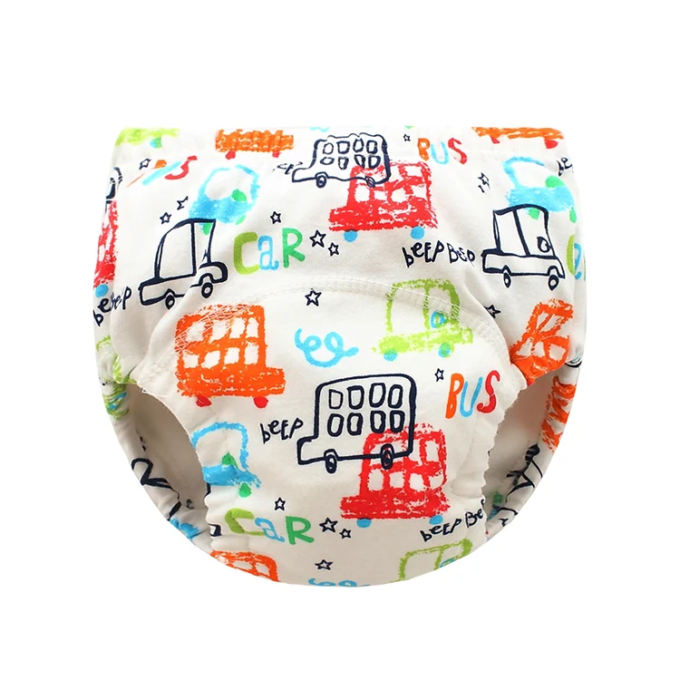Blue 3-layer reusable baby cloth diaper with patterned outer layer