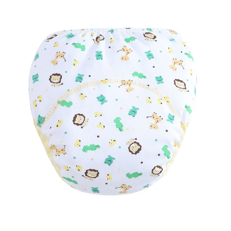 Green striped reusable cloth diaper with one side folded up to show layering