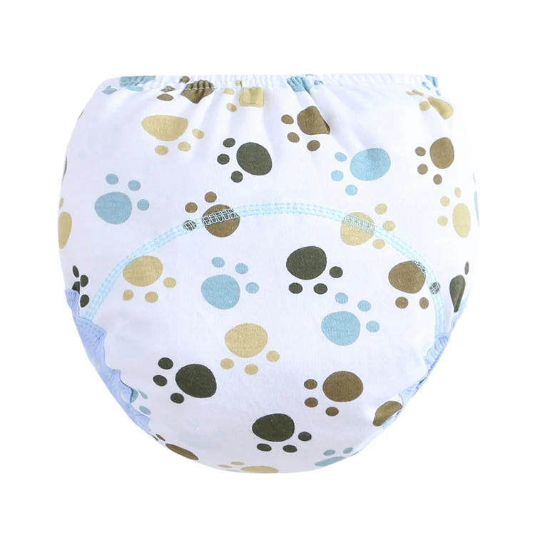 Blue and white patterned 6-layer reusable cloth diaper with elastic leg bands