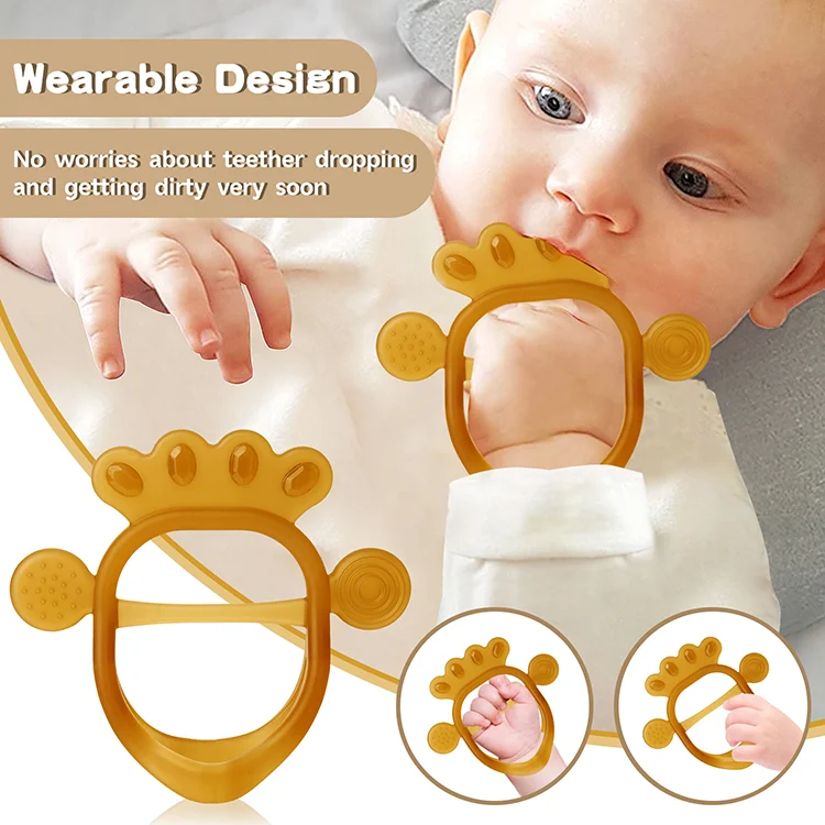 Teether with a baby's mouth gently chewing on it