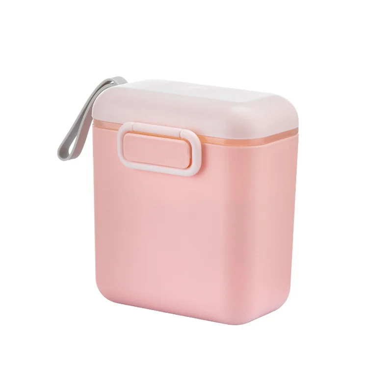 Blue 800ml baby food dispenser with lid open, showing internal scoop compartment