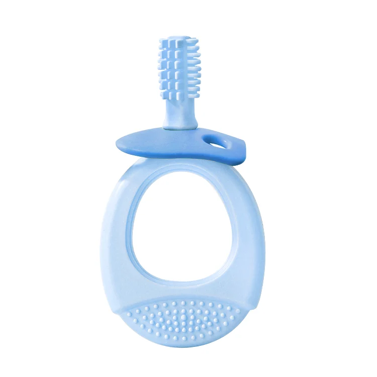 Teether toothbrush with the brush head facing down