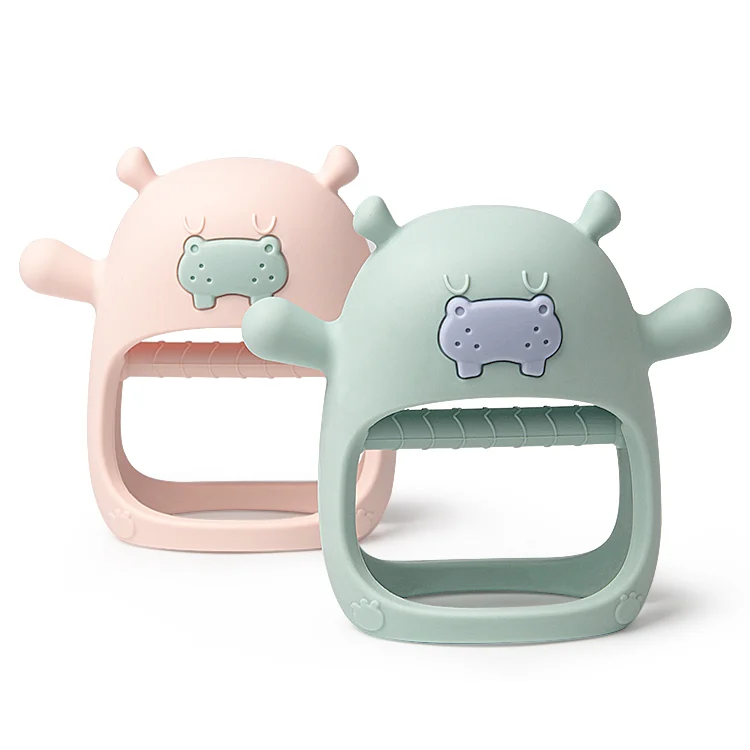 Grey hippo teether with stem visible inside the hollow body