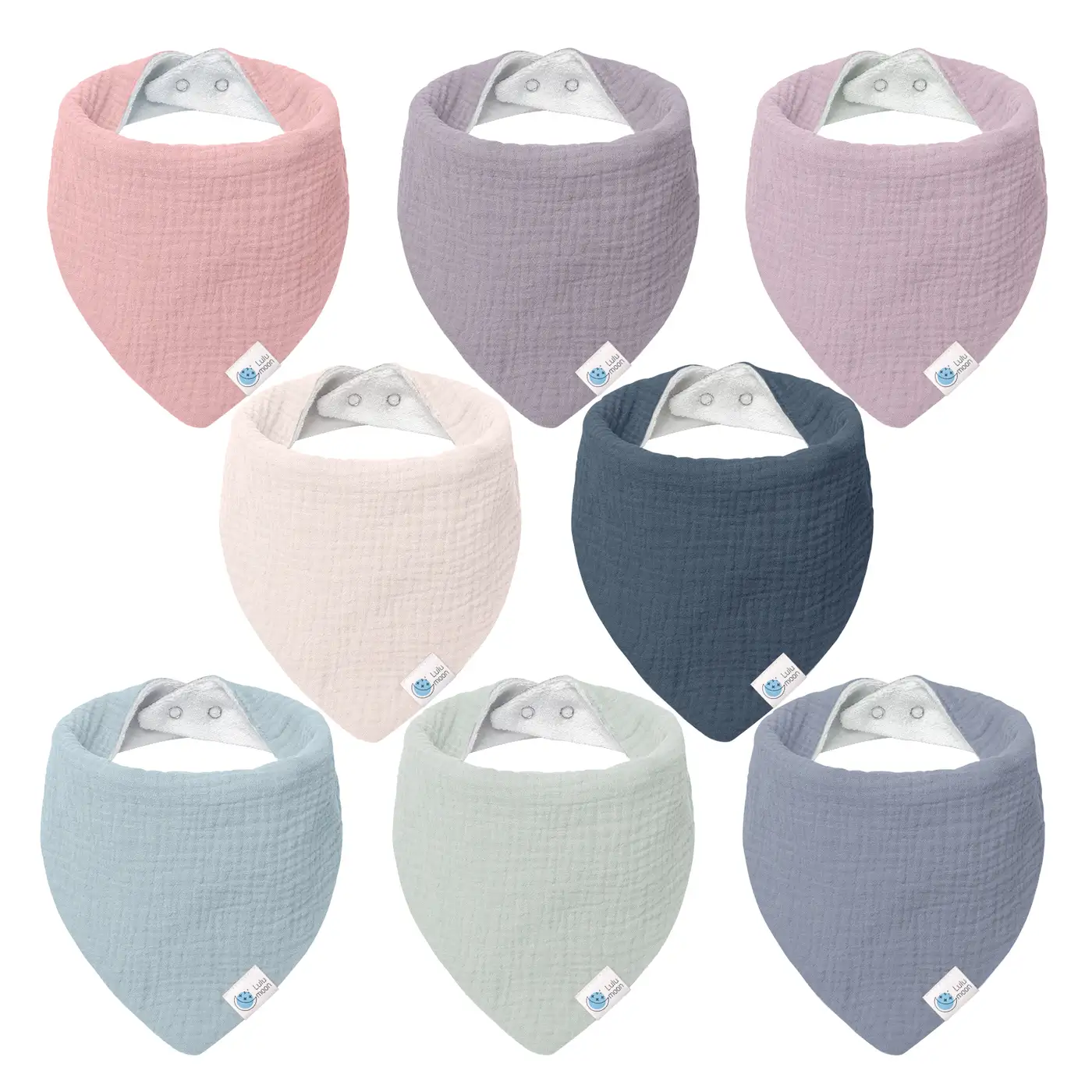 Blue baby bandana bib with muslin front and terry back, worn by a baby