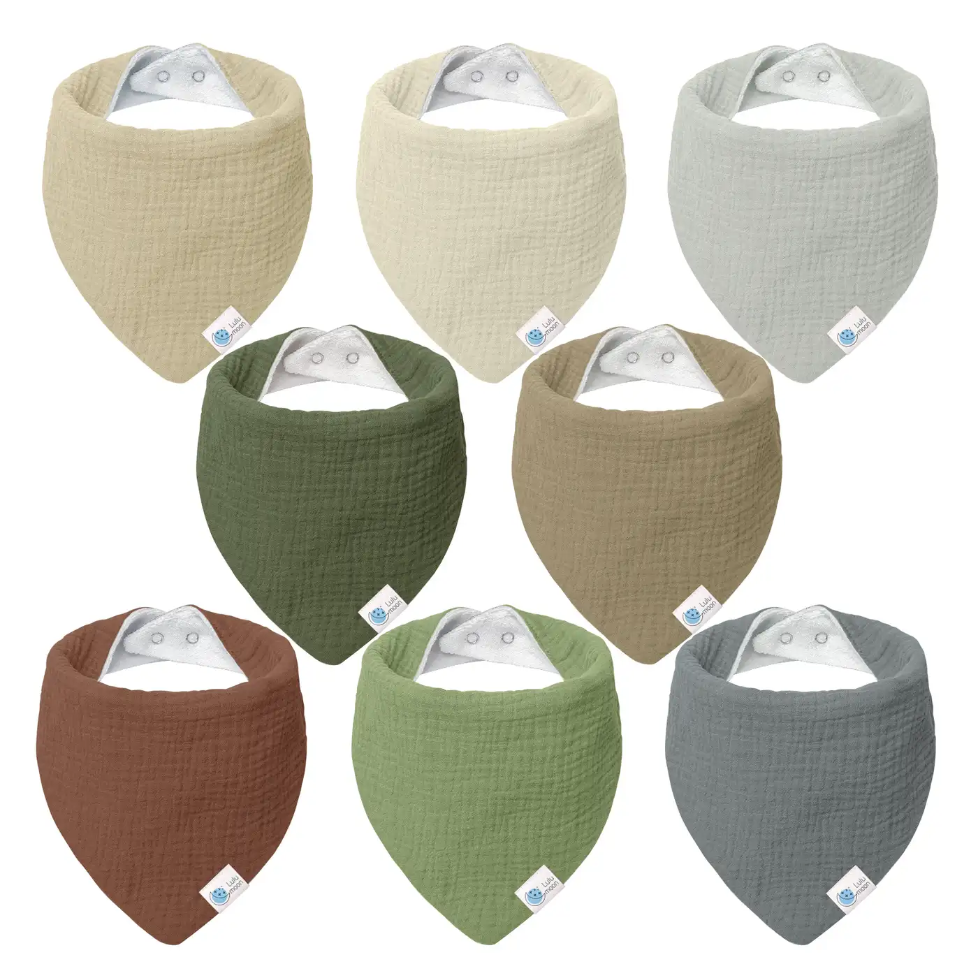 Green baby bandana bib with adjustable snaps, showing the back terry layer