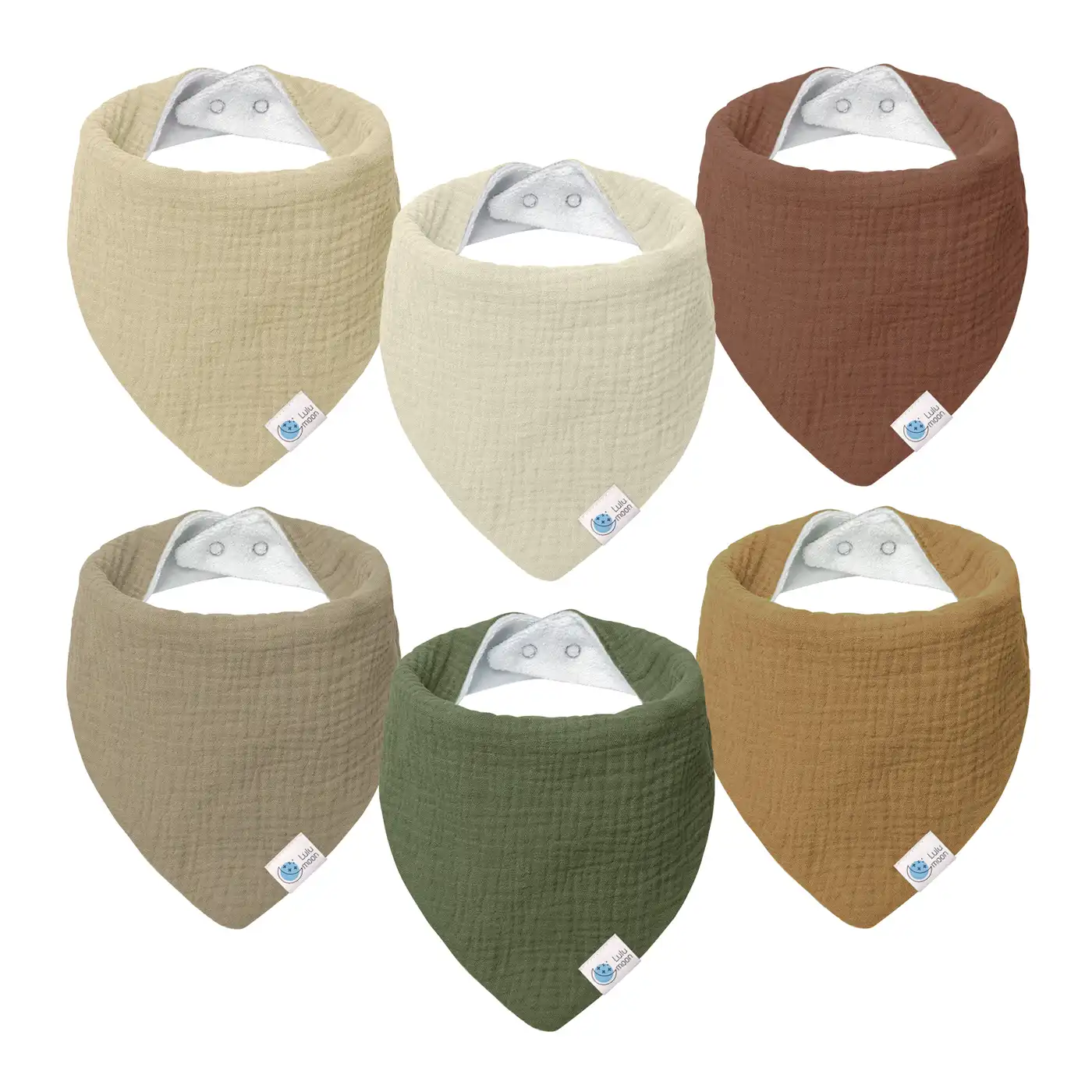 Multiple bandana bibs in different colours laid out in a row