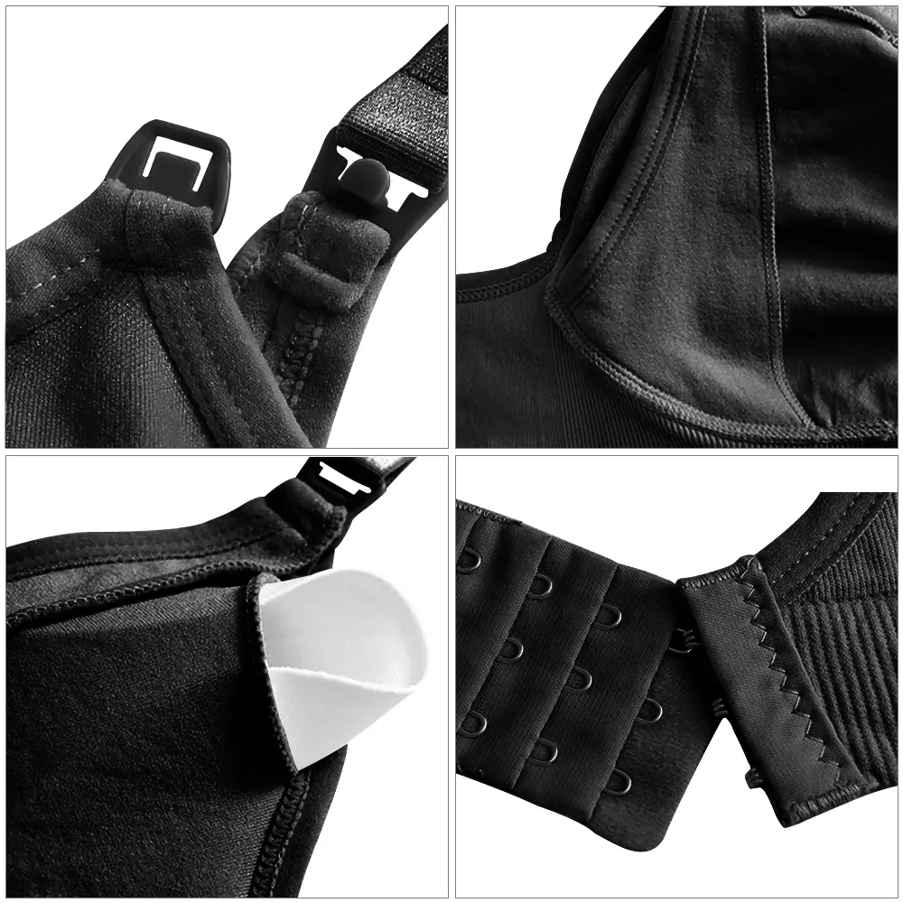 Back view of the bra showing the three hook-and-eye fasteners