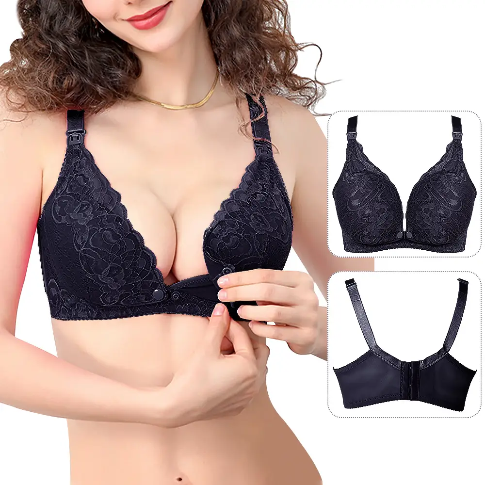 Pink plus size maternity nursing bra with front snaps and lace detailing