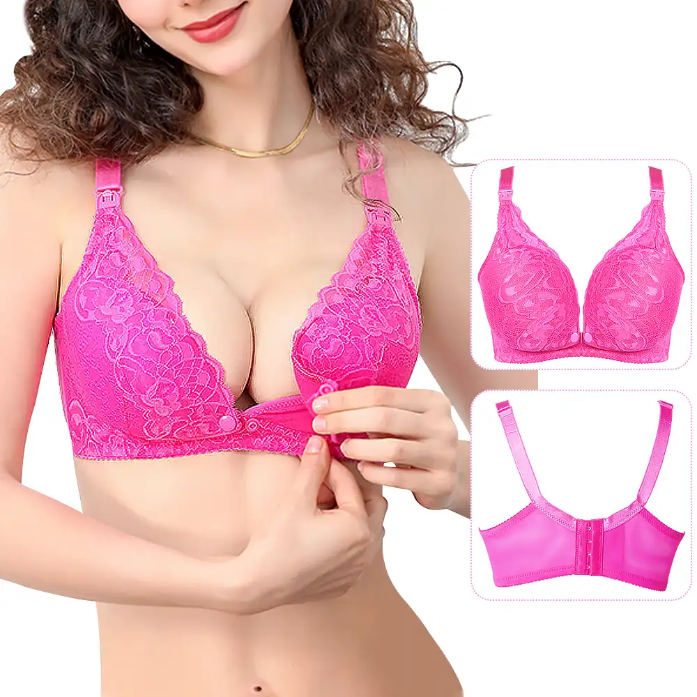 White nursing bra with front opening, showing the central snap closure