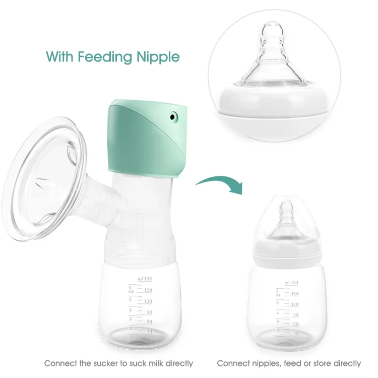Electric breast pump in use with bottle attached and USB charging cable connected