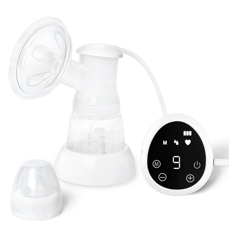 Side view of the breast pump showing the 180ml PP bottle and silicone flange