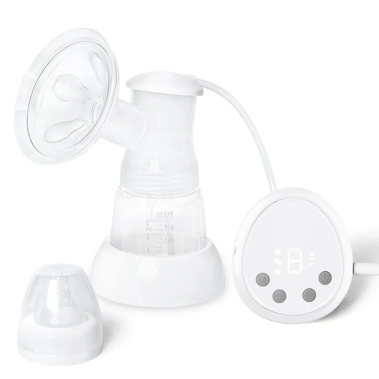 Breast pump with the bottle body and nipple attached, showing anti-colic spiral pattern