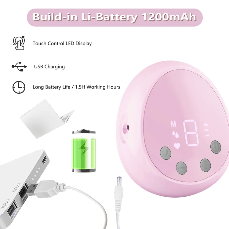 Breast pump placed in a colour box with packaging details visible