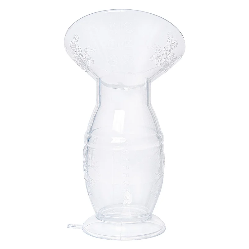 Manual breast pump in use on a breast, showing suction seal