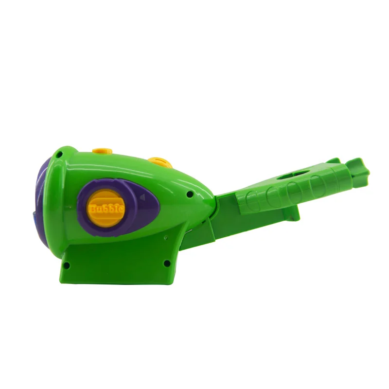 Child electric bubble machine in blue with retractable handle and battery compartment