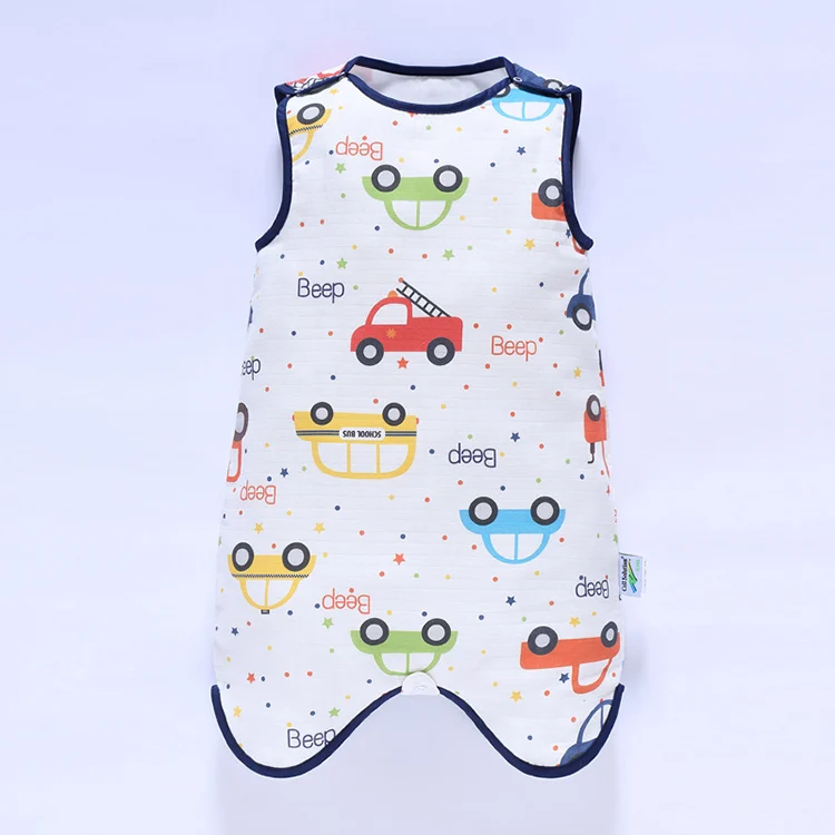 Blue large-size baby sleeping bag with snap buttons, worn by a toddler