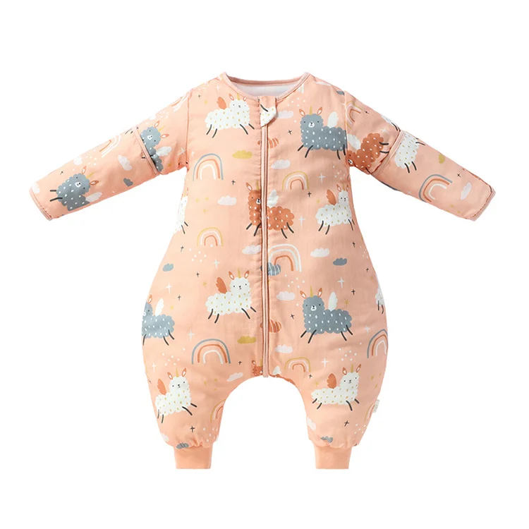 Blue wearable sleeping bag with removable long sleeves, standing upright