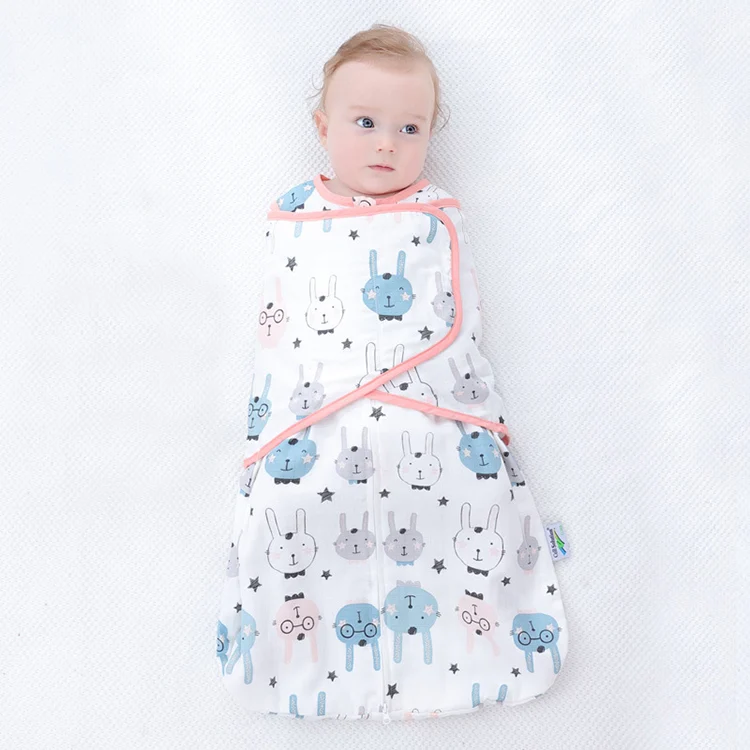 Grey 100% cotton newborn sleeping bag with zipper open, showing seam construction