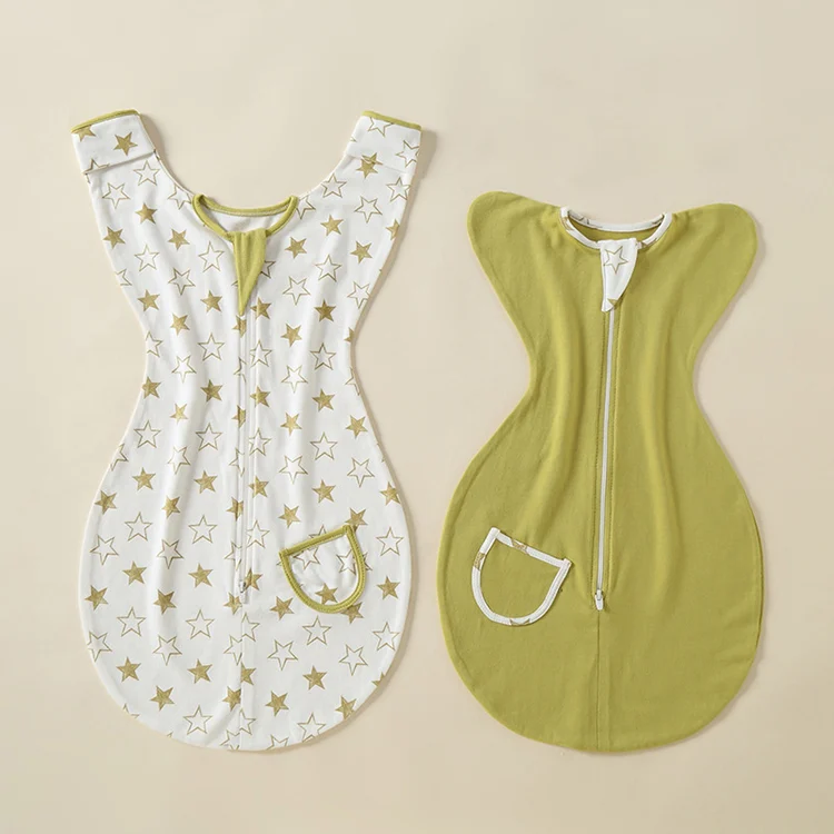 Baby sleeping bag in size M, with the zipper fully closed and fabric texture visible