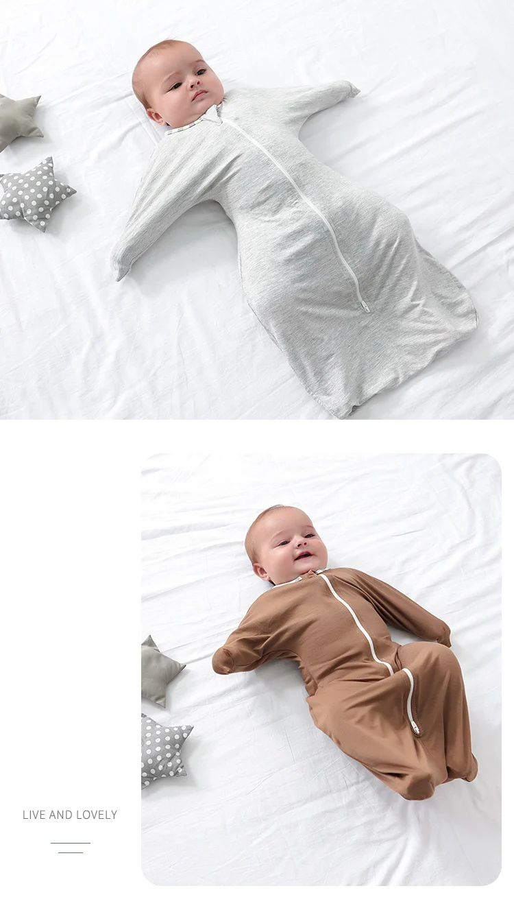 Orange 2-way zipper bamboo cotton sleeping bag with arms up, showing fabric texture