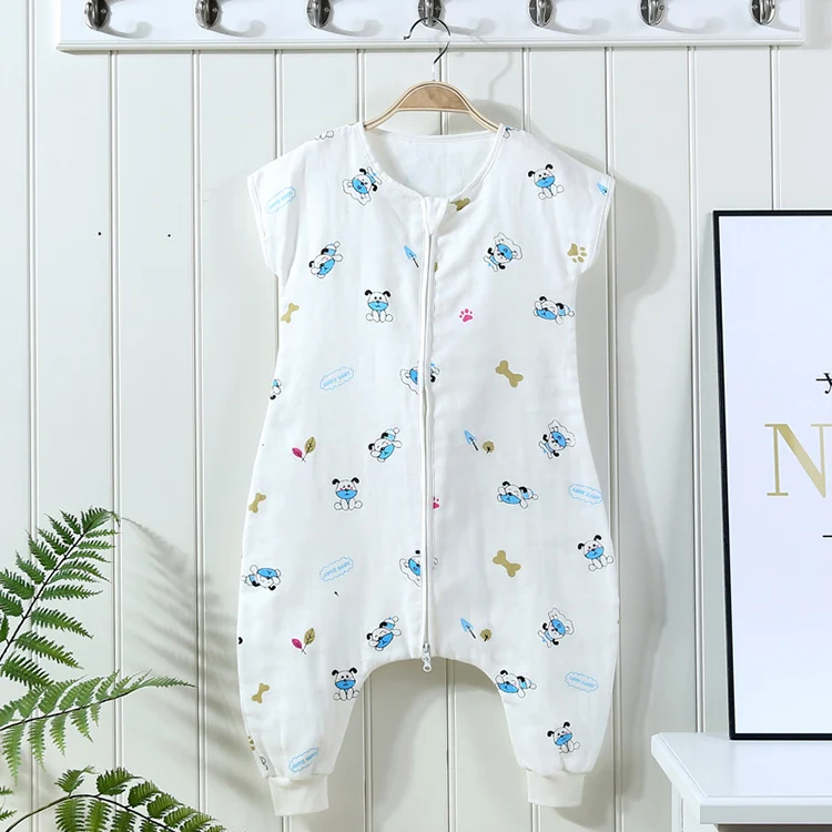 Blue 2-way zipper baby sleeping bag with the zipper open from the bottom