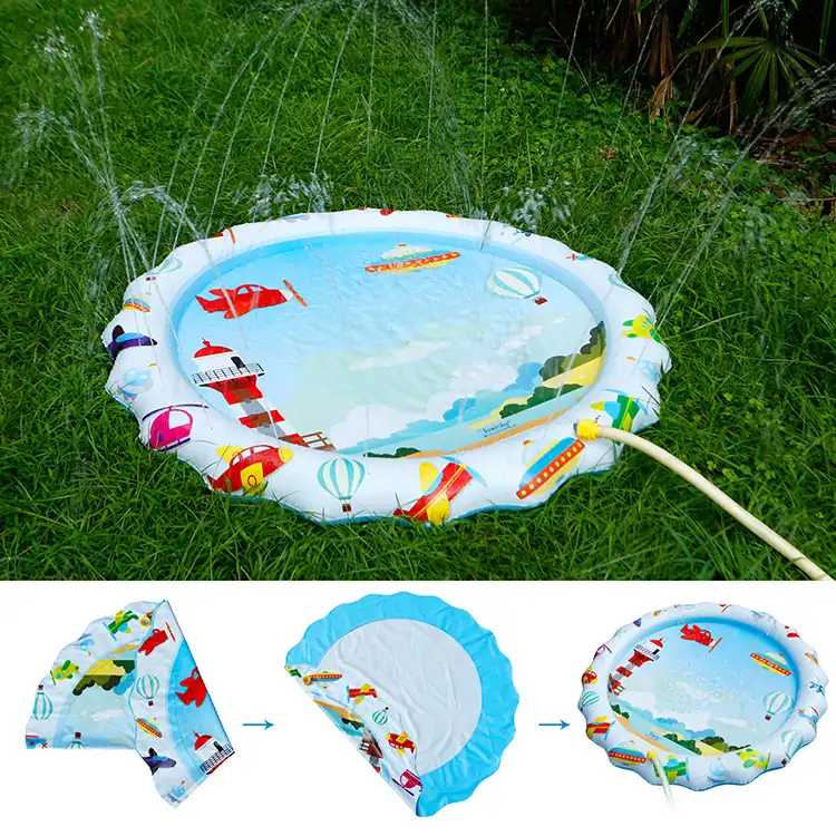 Inflated blue ocean fish mat with a toddler playing on it