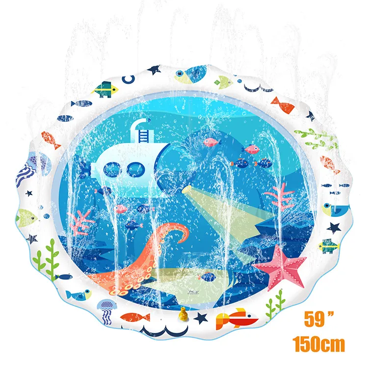 Green 150cm water sprinkler splash mat laid flat with custom pattern