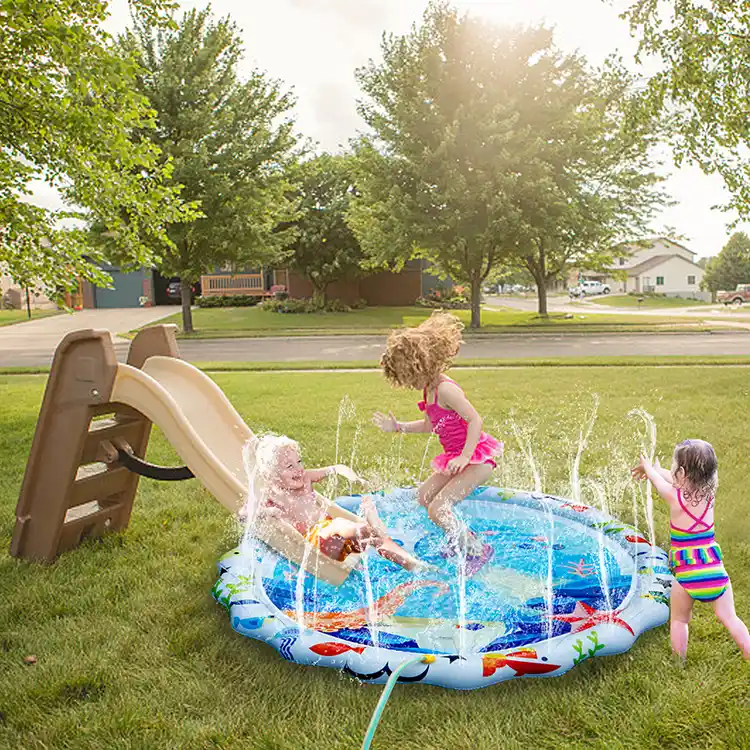 Yellow splash mat with children playing around it in a garden