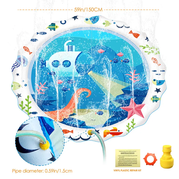 Blue 150cm water splash mat with water spraying from the centre