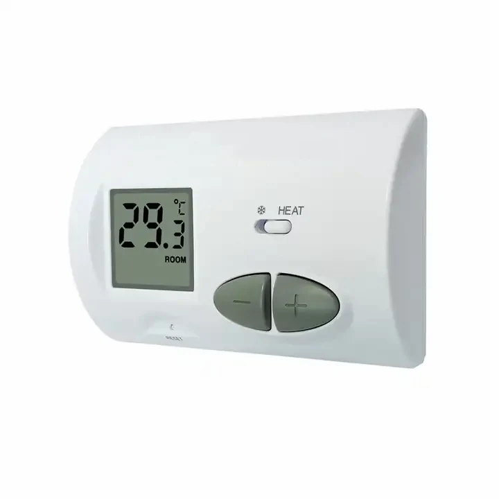 Model C3 indoor heating and cooling thermostat with push buttons and clock display, view 3