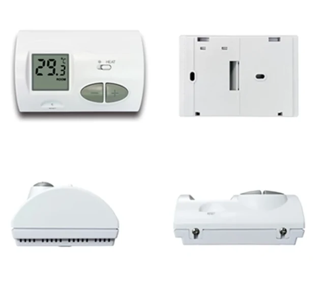 Model C3 indoor heating and cooling thermostat with push buttons and clock display, view 4