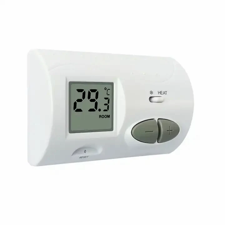 Model C3 indoor heating and cooling thermostat with push buttons and clock display, view 2