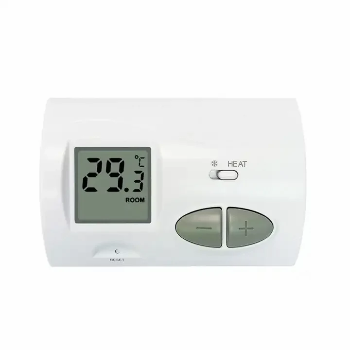 Model C3 indoor heating and cooling thermostat with push buttons and clock display