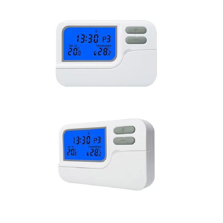 ST27 230V weekly programmable wired room thermostat with LCD and push buttons, view 2