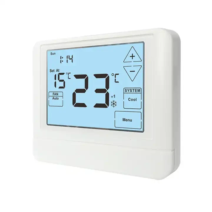 STN855 universal 24V touch screen thermostat showing heating and cooling setpoints, view 2