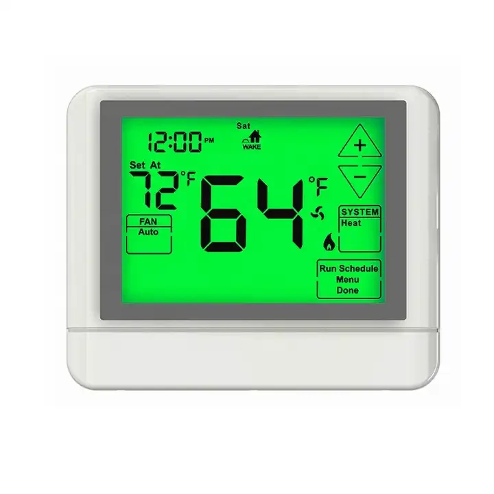 STN855 universal 24V touch screen thermostat showing heating and cooling setpoints, view 3