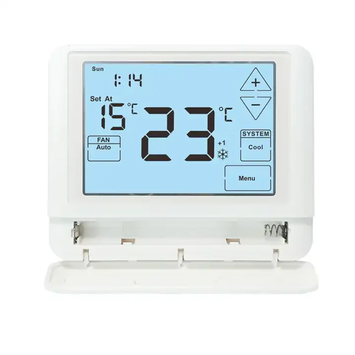 STN855 universal 24V touch screen thermostat showing heating and cooling setpoints