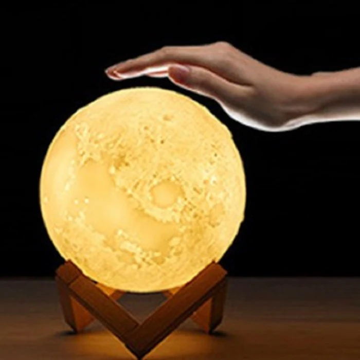 Customised 3D printed moon night light with touch dimming, view 3