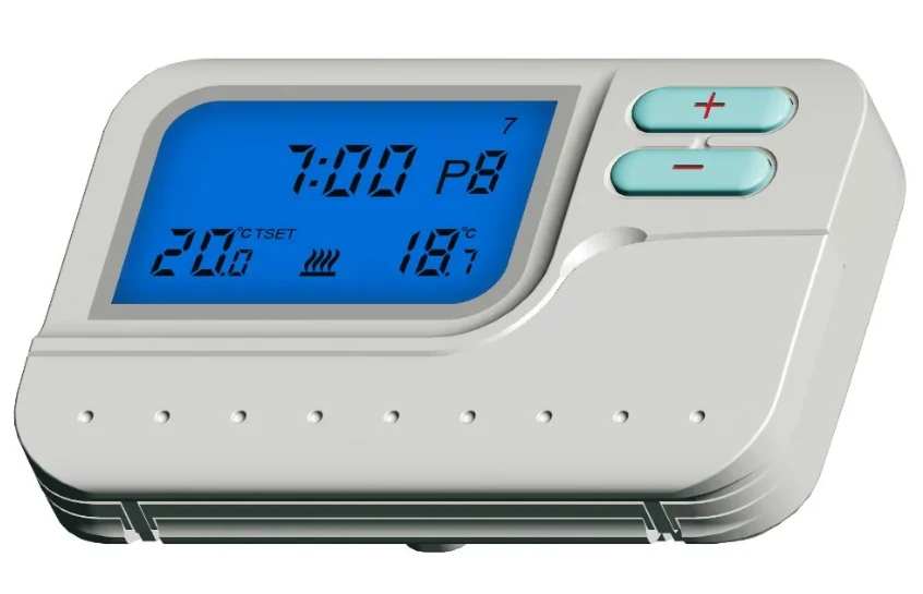 S2302 programmable HVAC room thermostat with backlit LCD and lock key, view 3