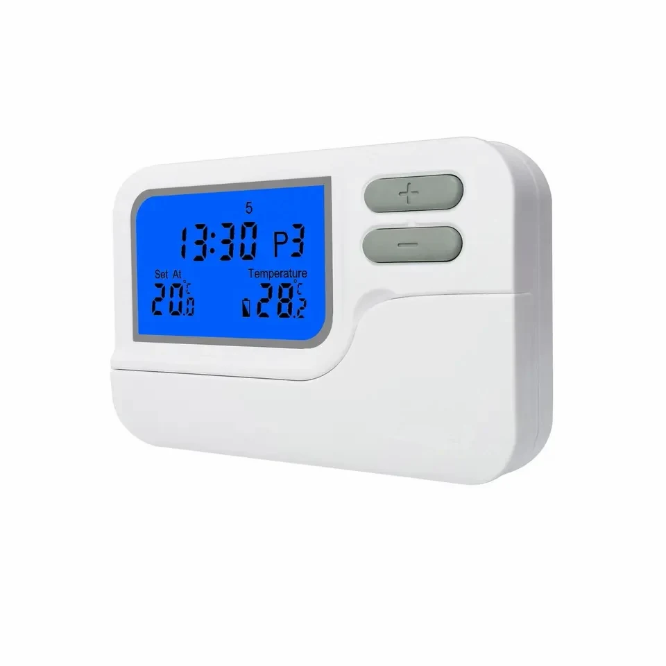 S2302 programmable room thermostat with blue backlit LCD, view 2